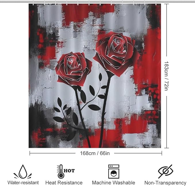 Red Rose Abstract Shower Curtain Nature Red Rose Floral Valentine's Day Artistic Waterproof Shower Curtains for Bathroom Decor 12 Pack Hooks 66x72in（168x183cm）