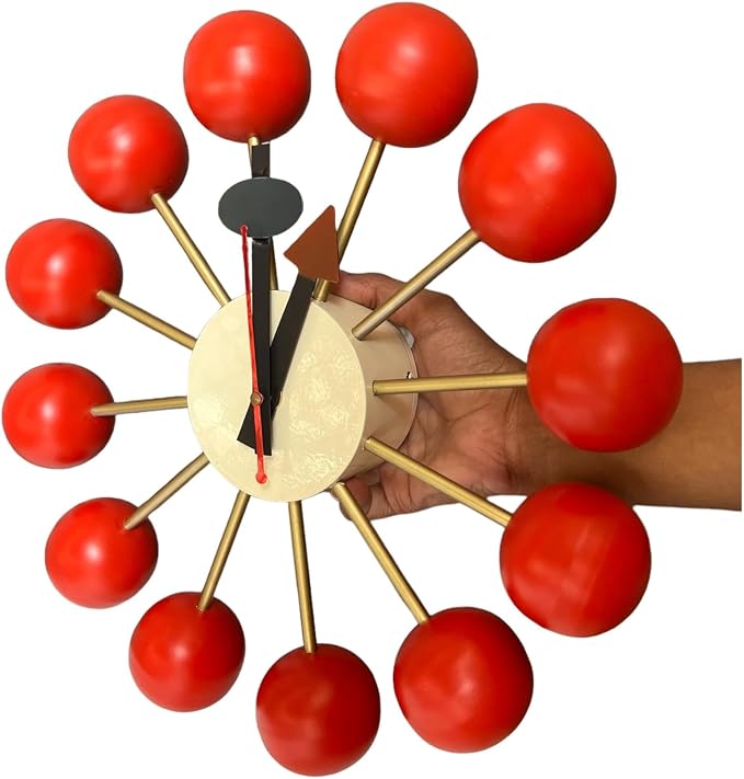 Mid Century Modern Ball Clock – George Nelson Style Wooden Wall Clock, Retro Starburst Design, Silent Non-Ticking Decorative Wall Decor for Living Room, Office, Kitchen & Home (Red, 12 Inch)