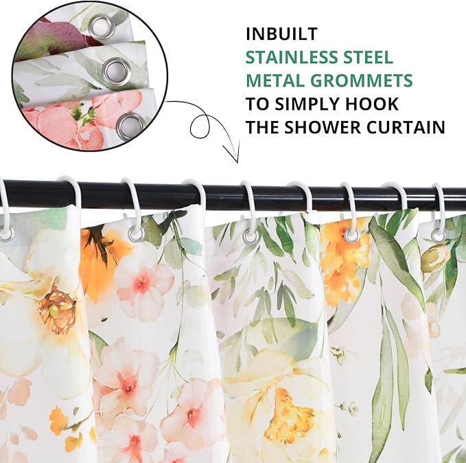 Floral Shower Curtain, Watercolor Flower Colorful Wildflower Machine Washable Waterproof Fabric for Bathroom Bathtub Decor with Hooks 72x72