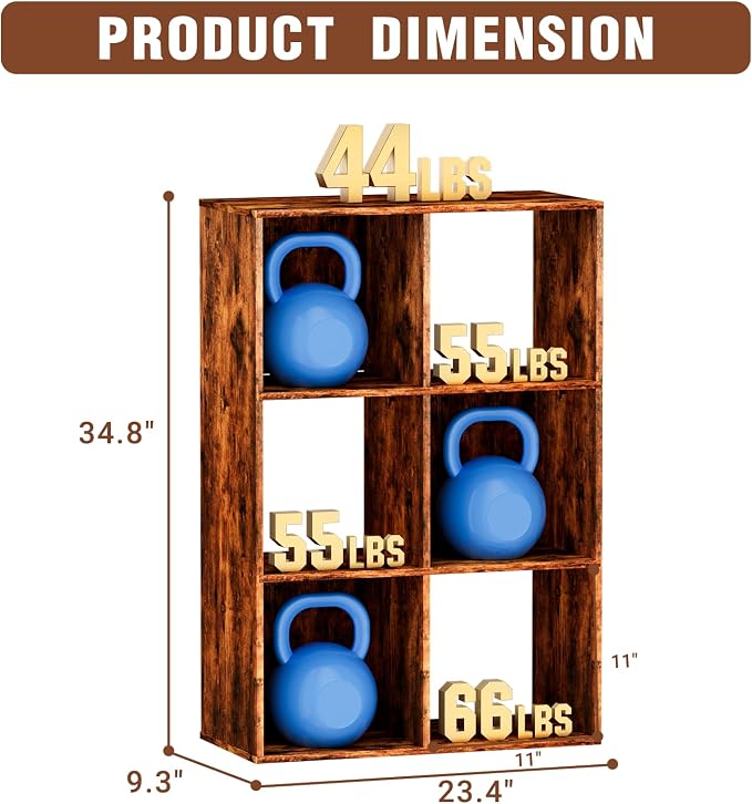 6 Cube Storage Organizer, Open Bookshelf Storage Cubes Shelf with Back Panel, Wooden Display Shelf Bookcase Standing Shelves for Living Room, Bedroom, Home Office (Vintage Brown, 6-Cube)