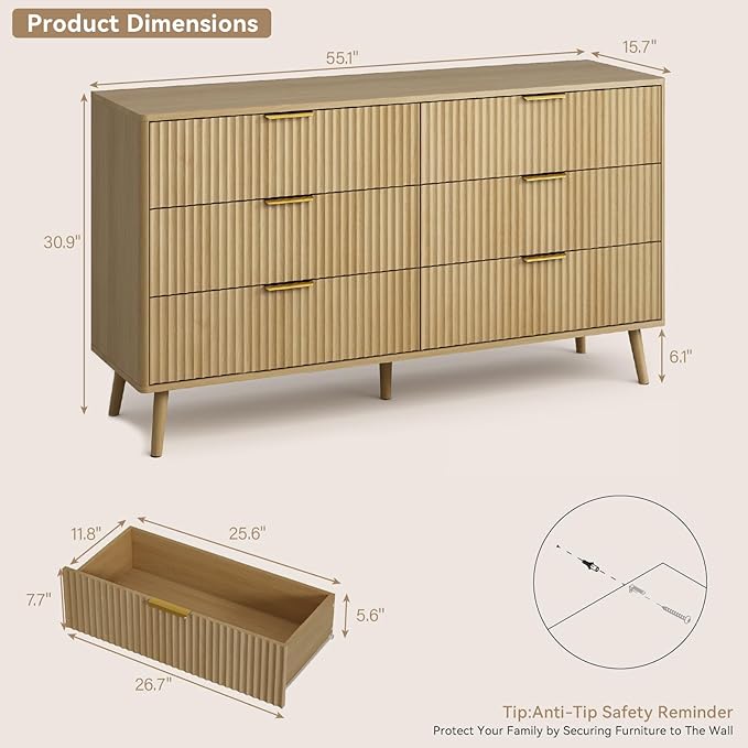 CARPETNAL Fluted Dresser and Nightstand Sets for Bedroom, 3 Pcs Bedroom Set, 6-Drawer Dresser & 2-Drawer Nightstand Set of 2, Modern Wood Chest of Drawers for Living Room, Entryway, Oak
