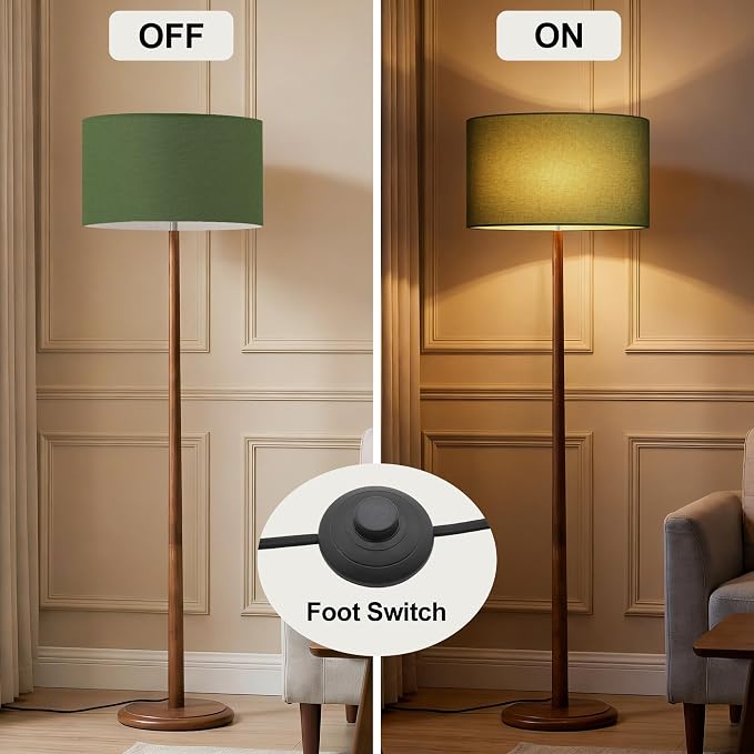 61" Rustic Walnut Wood Floor Lamp, Mid Century Standing Tall Lamp with Linen Shade, Retro Farmhouse Lighting for Home Living Room, Bedroom, Dining Room, UL listed, E26 Base (Bulb Not Included), Green