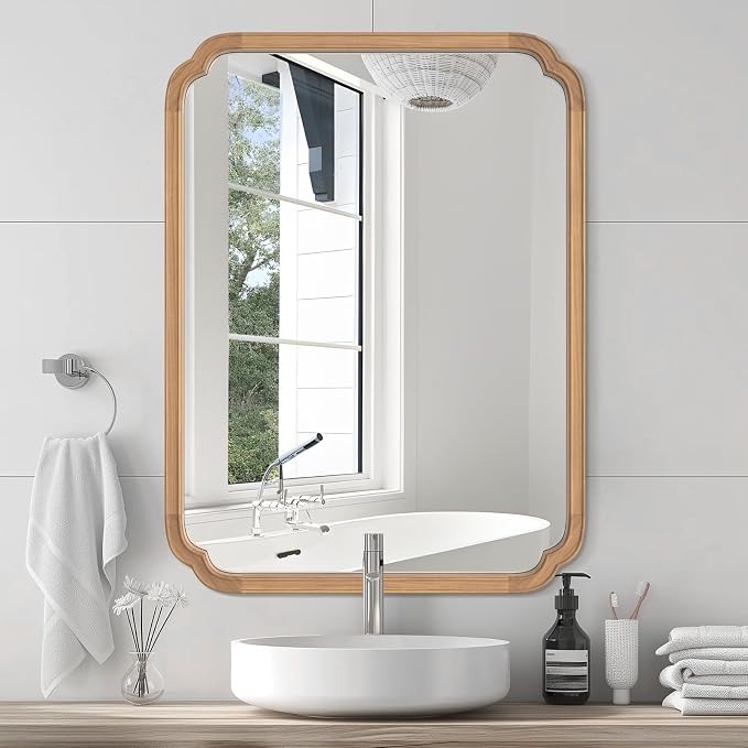 HOMECOOKIN Wood Bathroom Mirror for Wall Decor Arched Rounded Corner Rustic Wood Frame Wall Mirror Home Decorative for Vanity, Living Room, Bedroom, Entryway (30 x 40 inch, Honey)