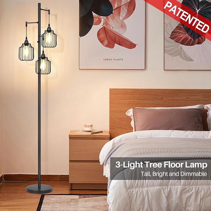Dimmable Floor Lamp with 3 x 800LM LED Edison Bulbs,Tall Standing Lamp for Living Room,Farmhouse Black Corner Floor Lamp,Bright Industrial Rustic Vintage Tree Pole Light with Cage for Bedroom Office