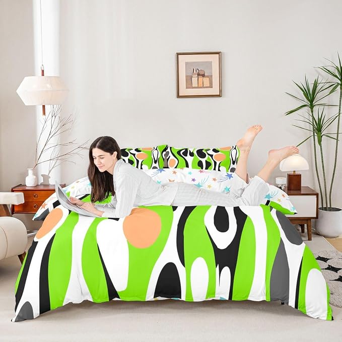 Erosebridal Organic Geometric Duvet Cover Set Modern Abstract King Bedding Set for Adult Men Retro Mid Century Comforter Cover Modern Fluid Art Irregular Circles Bed Sets,Lime Green Peach