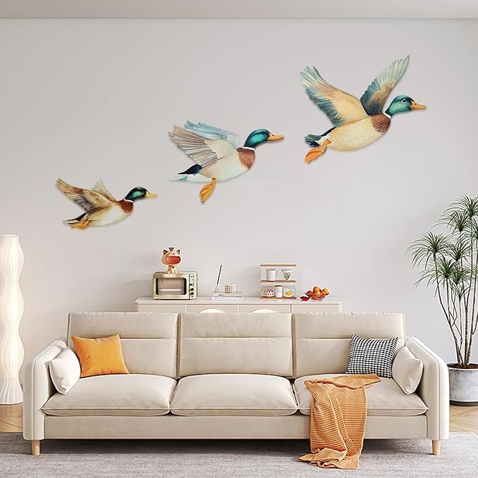 FLHRSM Mallard Duck Baby Stuff 3PCS, Wooden Mallard Ducks Hunting Wall Decor Vintage Farmhouse Wall Art, Nursery Living Room Decor Rustic Baby Shower Party Gifts, Carved Flying Birds Hanging Signs