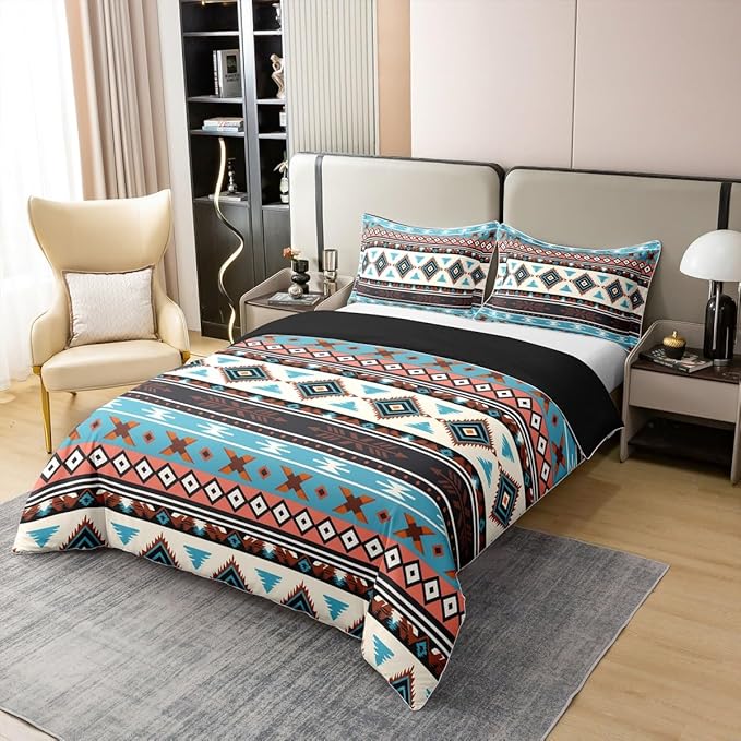 100% Cotton Aztec Duvet Cover Twin Southwestern Bedding Set Tribal Native American Comforter Cover Brown Blue Abstract Geometric Tribal Bedroom Decor Ethnic Grid Lattice Quilt Cover