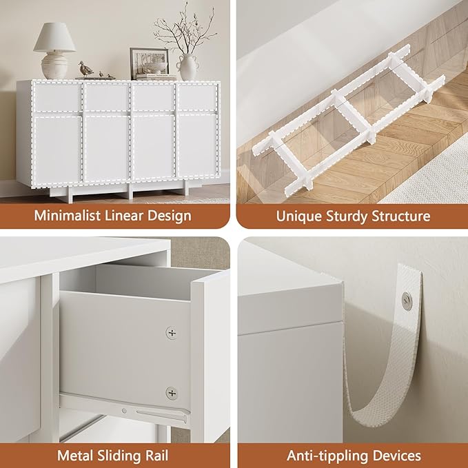 CHUWELL 55" Sideboard Buffet Cabinet with 4 Sliding Doors and 4 Drawers,Minimalist Linear Design & Handleless Design,Side Board with Adjustable Shelf for Living Room,White