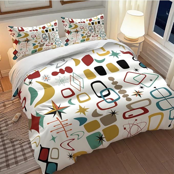 Mid Century Modern Bedding Set,Retro Geometric Colorful Diamond Abstract Geometric Vintage 60s 70s Pattern Comforter Set with Pillowcase for Bedroom Bed Decor,Full 79"x90"