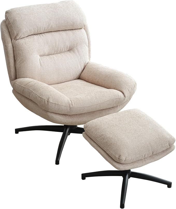 Swivel Accent Chair with Ottoman Set for Living Room, Chenille Comfy Reading Chair with High Back, TV Lounge Chair with 360 Degree Swiveling, Tilting for Bedroom, Modern Armchair with Footrest, Beige