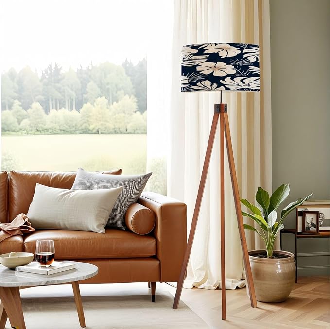 Wood Tripod Floor Lamp Hibiscus flowers tropical palm monstera leaves Hawaiian style floral Mid Century Standing Lamp Linen Shade Dimmable Modern Tall lamp Home Decor for Living Room Bedroom Office