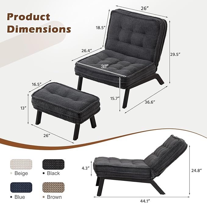 ANJ Armless Accent Chair with Ottoman Adjustable Backrest, Black Living Room Chair Tufted Upholstered Lounge Chair with Footrest Set, Modern Chair Cozy Reclining Chair for Reading Room Bedroom