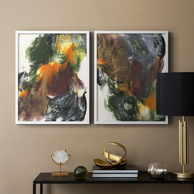 Renditions Gallery Set of 2 Peel & Stick Framed Prints, Watercolor Abstract Wall Art, Colorful Fluid Design Wall Decor, Re-Stickable - Ready to Hang - 22"x28" - White Frame LT588