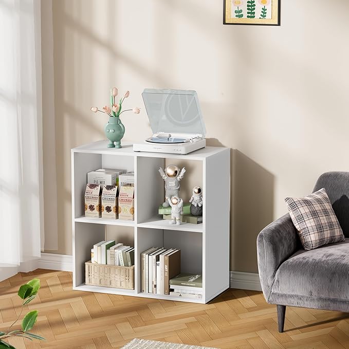 4 Cube Storage Organizer, Book Shelf Storage Shelves Bookcase with Open Back, Display Standing Shelf Freestanding Book Case for Bedroom, Living Room and Home Office (White, 4-Cube)