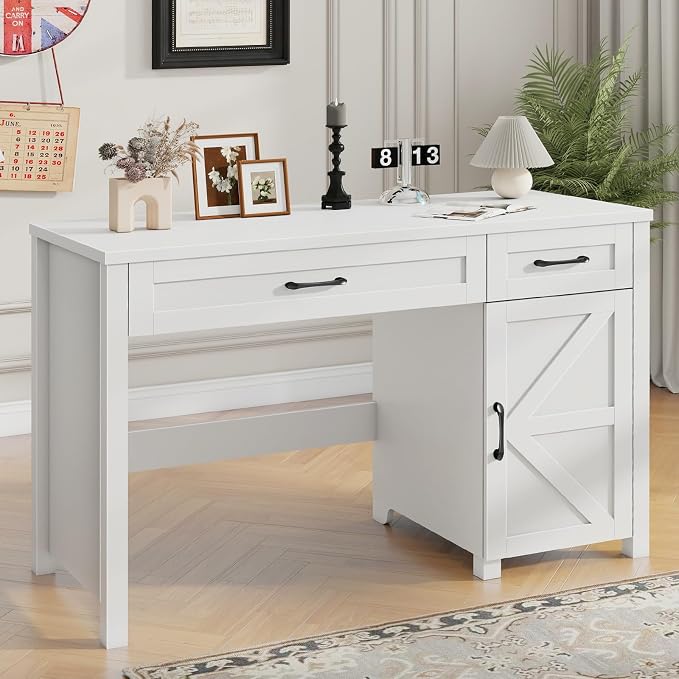 Vabches Farmhouse 47" Executive Desk, Computer Desk with Drawers and Storage Cabinet, Workstation for Home Office and Study.(Cream White)