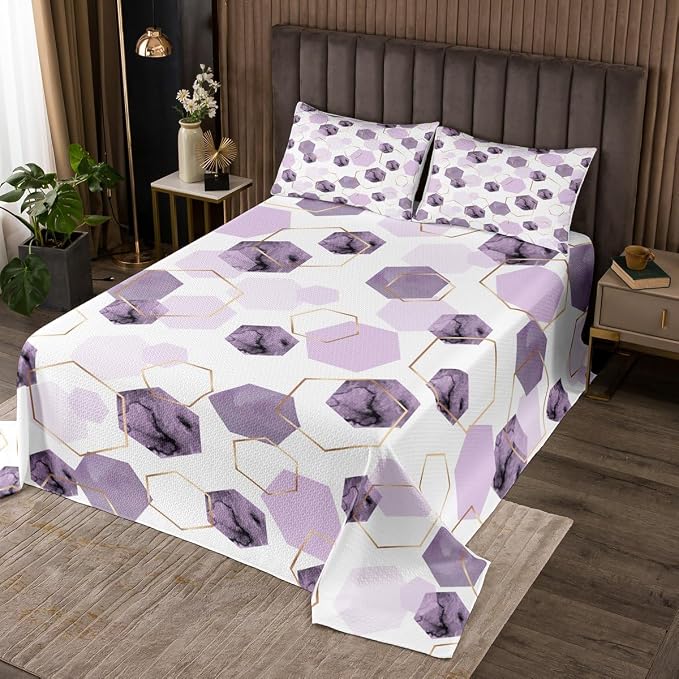 Erosebridal Lavender Purple Modern Quilt Set King - Marble Grain Geometric Coverlet Set, Fresh Abstract Geometric Art Bedspread Sets for Boys Girls Watercolor Hexagon Bed Sets with 2 Pillowcases