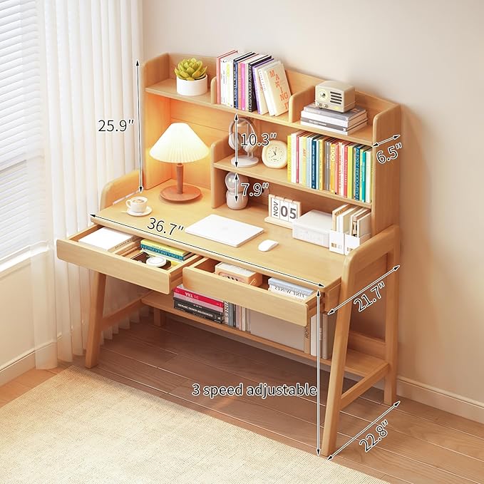 Home Office Desk with Drawers & Shelves, Wood Work Desk for Small Spaces, 3-Level Height-Adjustable Desks with Storage, Home Office Table for Bedroom & Office, Natural, 36.7 Inch
