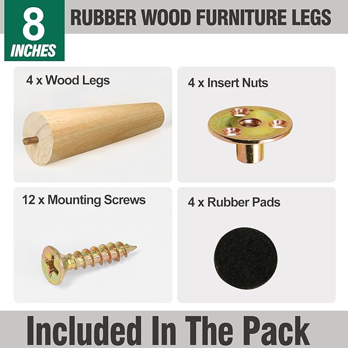 FoDau770 Rubber Wood Furniture Legs 8 Inches, Straight Tapered Wood Feet Mid Century Sofa Legs Set of 4, 5/16" UNC Furniture Feet Replacement Parts for Cabinet Couch Dresser Chair Ottoman Table