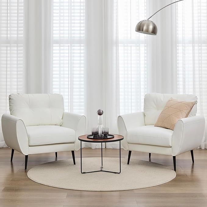 TYBOATLE Accent Chairs Set of 2, Comfy Modern Living Room Chair White Faux Leather Reading Accent Chairs Tufted Mid Century Arm Chair Small Salon Chairs for Office Bedroom (2, White)