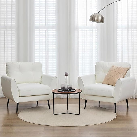 TYBOATLE Accent Chairs Set of 2, Comfy Modern Living Room Chair White Faux Leather Reading Accent Chairs Tufted Mid Century Arm Chair Small Salon Chairs for Office Bedroom (2, White)
