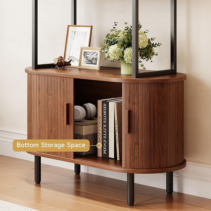 4 Tier Tall Bookshelf with Cabinet, Fluted Bookcase with Sliding Door, Metal and Wood Display Shelf, Free Standing Storage Shelving Unit, Corner Storage Organizer for Living Room, Home Office, Walnut
