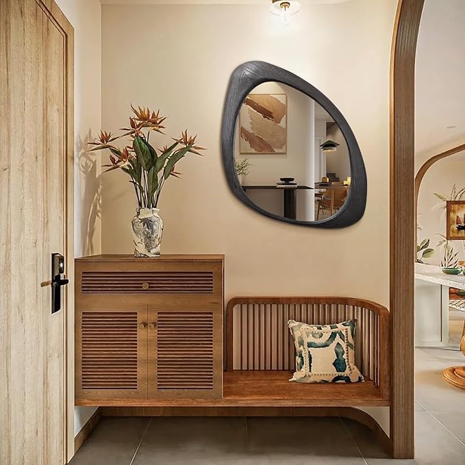 AAZZKANG Irregular Mirror Black Asymmetrical Wall Mounted Mirrors Large Modern Wood Frame Wall Mirror for Bathroom Bedroom Living Room Entryway 24"x16"