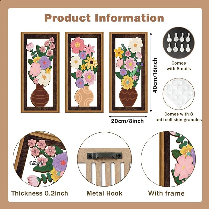 Celestdeco 3 Pcs Boho Flower Wall Decor,Boho Flower Wood Wall Art,Bohemian Floral Artwork Wooden,Pink Wildflower Wood Art Set,Flowers Potted Plant Bohemian Artwork for Living Room Bedroom Office