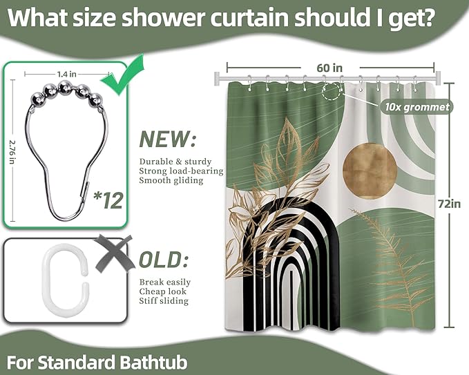 Sage Green Shower Curtain Boho Mid Century White and Light Green and Black Shower Curtains for Bathroom Decor, Waterproof Cloth Fabric with Hooks, 60" W x 72" L