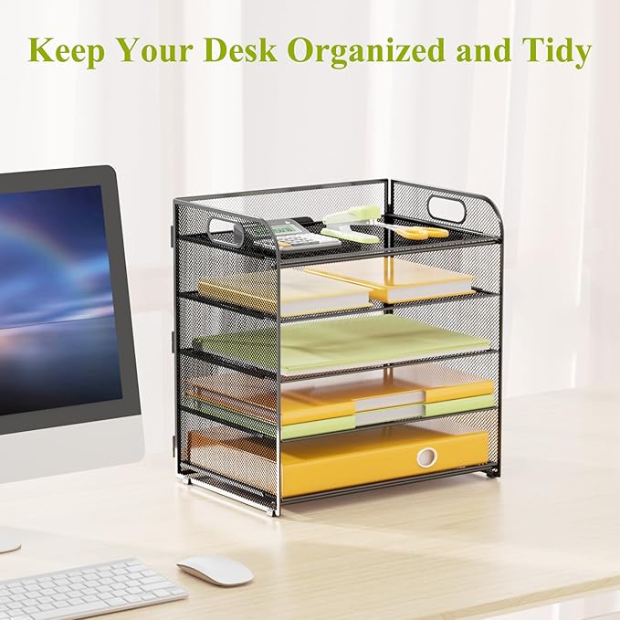 VIEERINN 5 Tier Paper Letter Tray Organizer with Handles, Mesh Desk File Organizer Metal Paper Sorter Holder, Desktop Document Shelf Tray Storage Organization for Office School Home