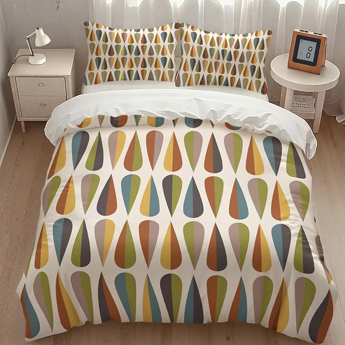 Mid Century Bedding Set,Modern Colorful bstract Geometric Drop Shapes Retro 1950s 1960s Geometry Pattern Comforter Set with Pillowcase for Bedroom Bed Decor,Queen 90"x90"