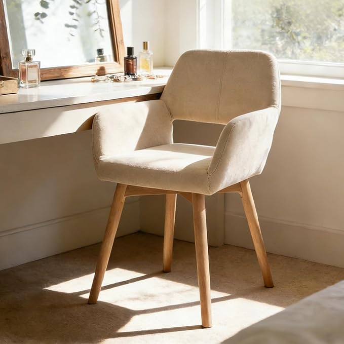Desk Chair No Wheels Vanity Chair Comfy Accent Chair for Living Dining Room Bedroom Home Office Mid Century Modern Upholstered Armchair Sofa Chair (Beige, 1)