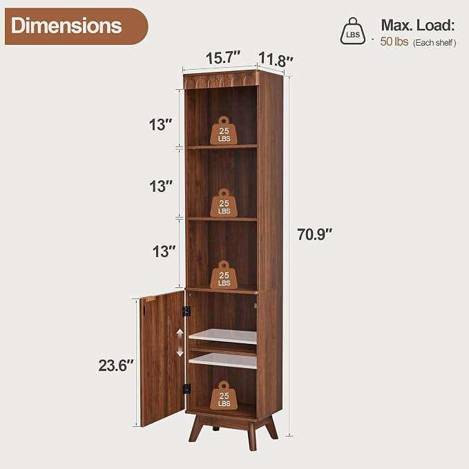 71" Tall Narrow Bathroom Storage Cabinet with Door, Small Fluted Cabinet with Adjustable Shelves & 3-Tier Open Shelf, Modern Freestanding Slim Organizer for Space Saving Living Room Kitchen (Walnut)