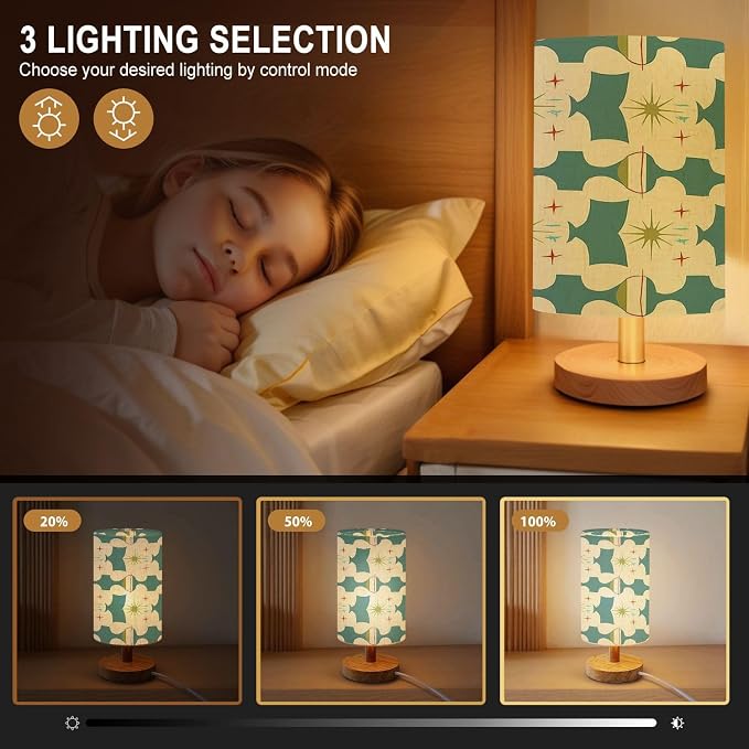 Bedside Table Lamp Retro Abstract Atomic Era Seamless Pattern 1950s 1960s 1970s modern 16-Way Dimmable Small Desk Lamp with Round Flaxen Fabric Shade for Nightstand Bedroom Living Room Home Decor