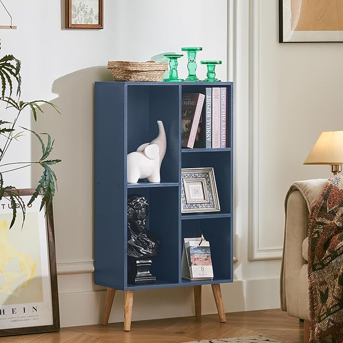 LEYAOYAO 5 Cube Bookshelf 3-Tier Bookcase with Legs,Mint Dark Blue Kids Book Shelf Cute Storage Organizer,Free Standing Open Toy Shelves Wood Bookshelves,Display Bookcases for Bedroom,Living Room