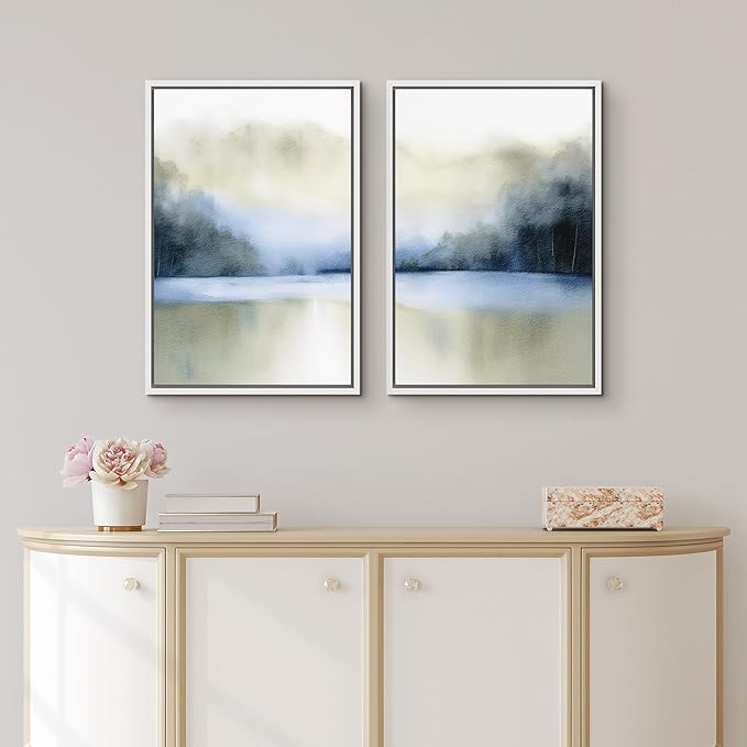 IDEA4WALL Framed Canvas Print Wall Art Set Serene Blue Lake Watercolor Landscape Illustrations Modern Art Decorative Coastal Cottage Seascape for Bedroom - 16"x24"x2 White