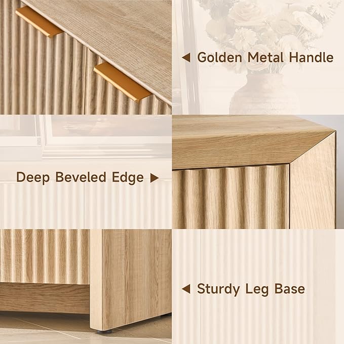 ONBRILL Fluted Sideboard Buffet Cabinet with Storage, Wooden Modern Fluted Sideboard with 4 Doors and 5 Adjustable Shelves, Coffee Bar Table for Dining Room, Hallway, Kitchen (Natural Oak)