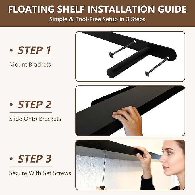 IEO Long Wooden Floating Shelves for Room Wall, Natural Wood Floating Shelves Wall Mounted Kitchen Shelf for Living Room, Bedroom, Kitchen,Bathroom, Storage (Black, 60in 2tier)