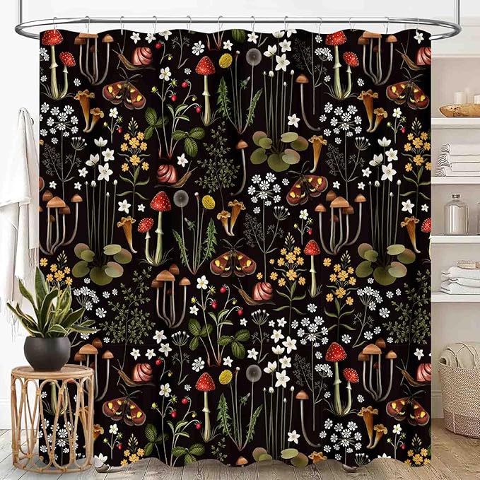 Mushroom Shower Curtain, Retro Wild Floral Botanical Mushroom Floral Moth Cottagecore Nature Plants Leave Herbs Black Farmhouse Waterproof Fabric Bathroom Shower Curtain Set with Hooks, 72"x72" Inch