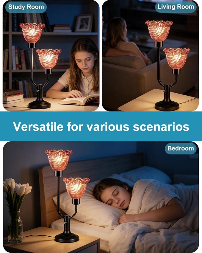 Lightdot Mid Century Modern Red Table Lamp Dimmable Flower Glass Desk Lamp Vintage Black Nightstand Lamp 2 Bulbs Included Warmwhite Ambient Bedside Lamps for Living Room Bedroom Home Office Decor Gift