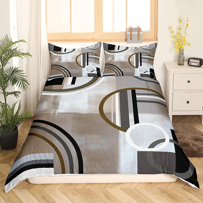 Erosebridal Brown Grey Duvet Cover,Geometric Swirls Comforter Cover for Kids Boys Girls Teens,Ombre Gradient Bedding,Modern Circular Stripes Quilt Cover,Abstract Art Bedspread Cover with Zipper,Twin