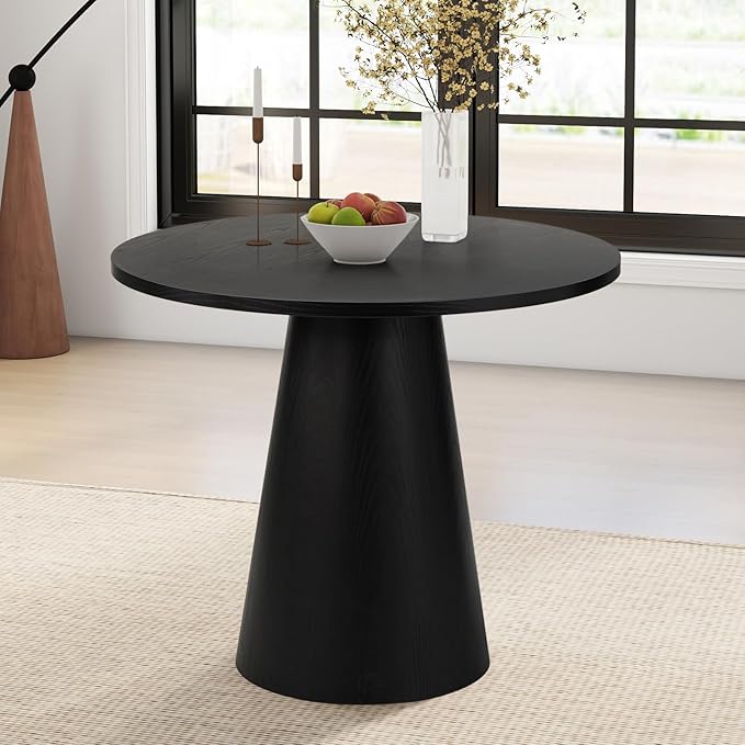 Round Dining Table Wood for 2-4, Modern Farmhouse Kitchen Table, 35'' Small Circle Dining Tables with Pedastal for Kitchen Living Room (Black)