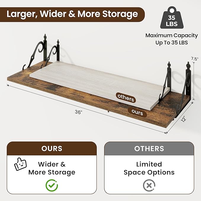RICHFOCUS 12 Inch Deep Floating Shelves for Wall, 36" W x 12" D Wood Wall Shelves Set of 2, Wide Floating Shelves for Living Room, Bedroom, Kitchen, Bathroom and Decor Storage, Rustic Brown