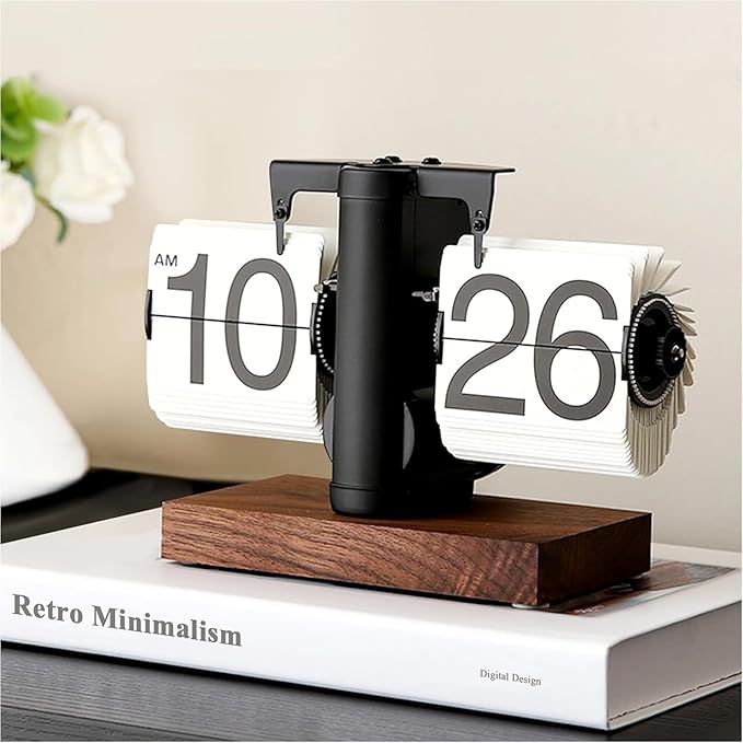 FOSA Flip Desk Clock, Retro Vintage Mechanical Flip Clock with Large Numbers, Silent Desk Table Clock with Wood Base for Home Office Desk Decor Living Room Study Room (Black)
