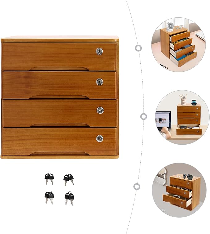 Desktop File Organizer with Lock, 2/3/4 Tier Multi-Drawer Wooden Storage Cabinet, Office Supply Organizer for Home Desk, Study & Workplace (Brown, 4 Layers)