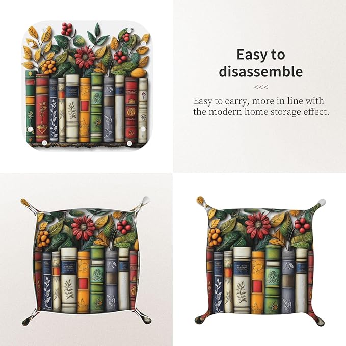 Retro Wooden Row Of Colorful Books Valet Tray Leather Portable Tray Desktop Storage Organizer Bedside For Men Women Jewelry Keys Coin Candy Sundries