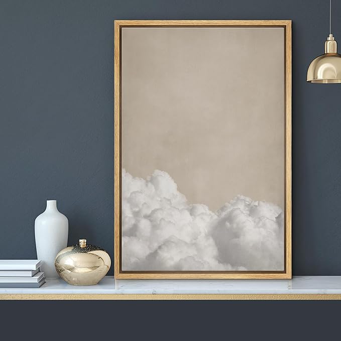 MUDECOR Framed Canvas Print Wall Art Soft Cloudscape Neutral Beige Sky and Clouds Illustrations Modern Art Minimal Relax for Living Room, Bedroom, Office - 16"x24" Natural
