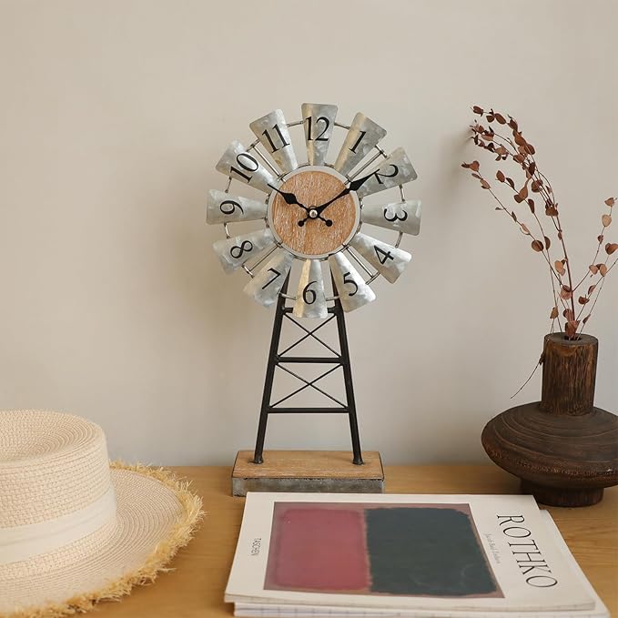 MODE HOME Rustic Windmill Table Clock for Living Room Decor, Vintage Galvanized Metal & Wood Desk Clock with Silent Quartz Movement, Farmhouse Windmill Decor for Living Room, Mantel, Shelf & Office