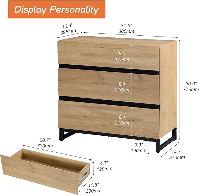 WAMPAT Dresser for Bedroom, Closet Organizers and Storage with 3 Drawers, Chest of Drawers with Metal Base, Modern Wood Dresser for Living Room, Hallway, Entryway, Oak