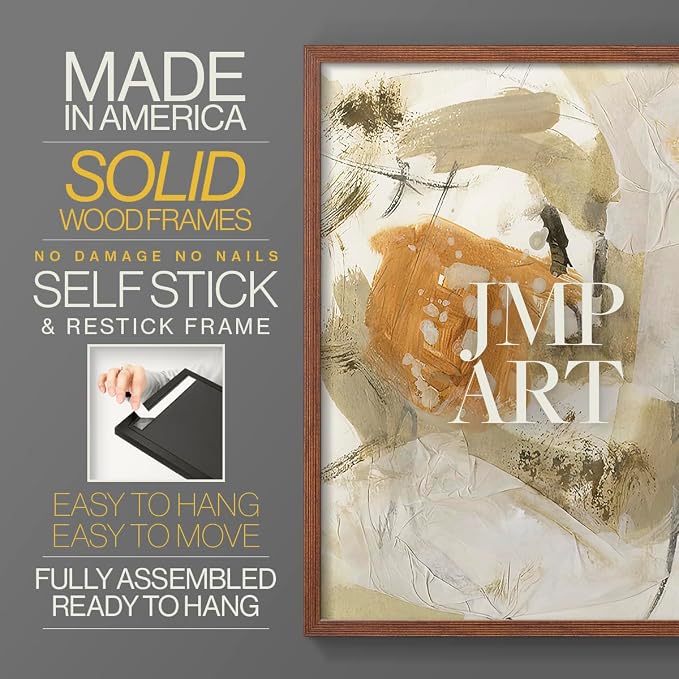 Renditions Gallery Set of 2 Peel & Stick Framed Prints, Neutral Abstract Wall Art, Earthy Tones Blended Brushstrokes Wall Decor, Re-Stickable - Ready to Hang - 16"x20" - Walnut Frame LT588