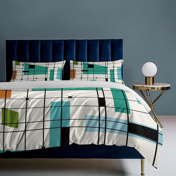 Mid Century Duvet Cover Sets Aesthetic Abstract Geometric Mid Century Retro Printed Lightweight Soft Quilt Cover Minimalist Soft Microfiber 3 Piece (1 Duvet Cover 90x102in + 2 Pillow Sham 20x30in)